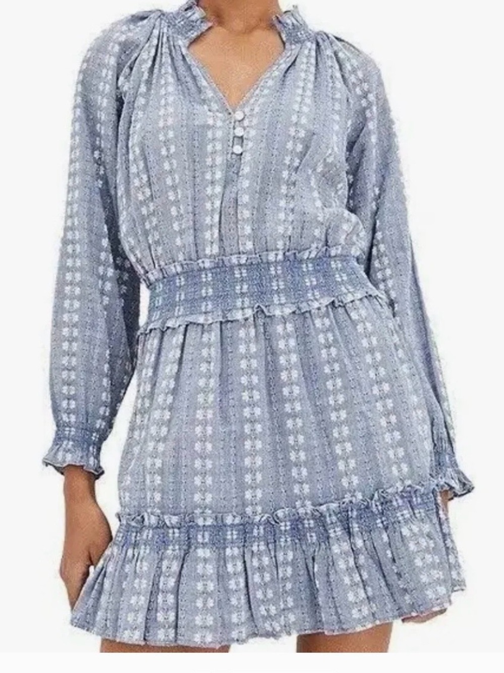 Veronica Beard Light Blue Printed Long-Sleeve Smocked Mini Dress